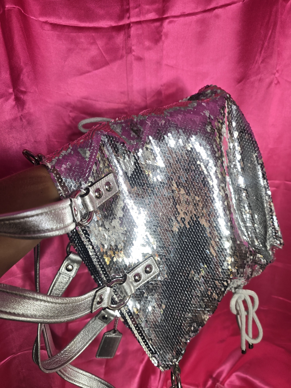 Coach Silver Sequin Shoulder Bag with Metallic Trim Spotlight Poppy Y2k - Picture 8 of 16